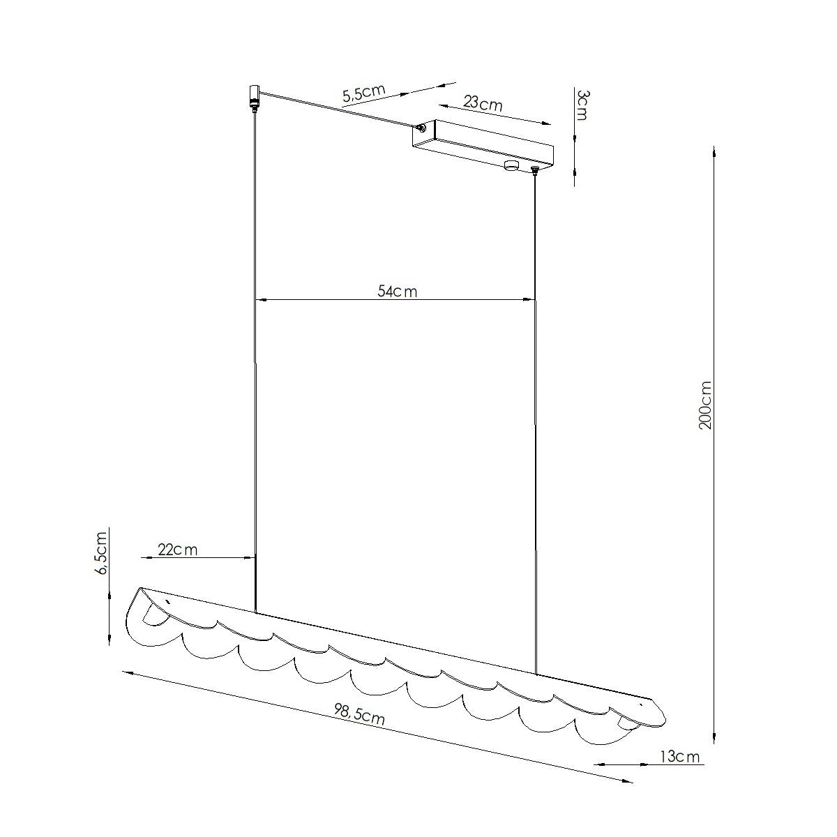 Schéma coté du luminaire avec hauteur 200 cm et longueur 98,5 cm