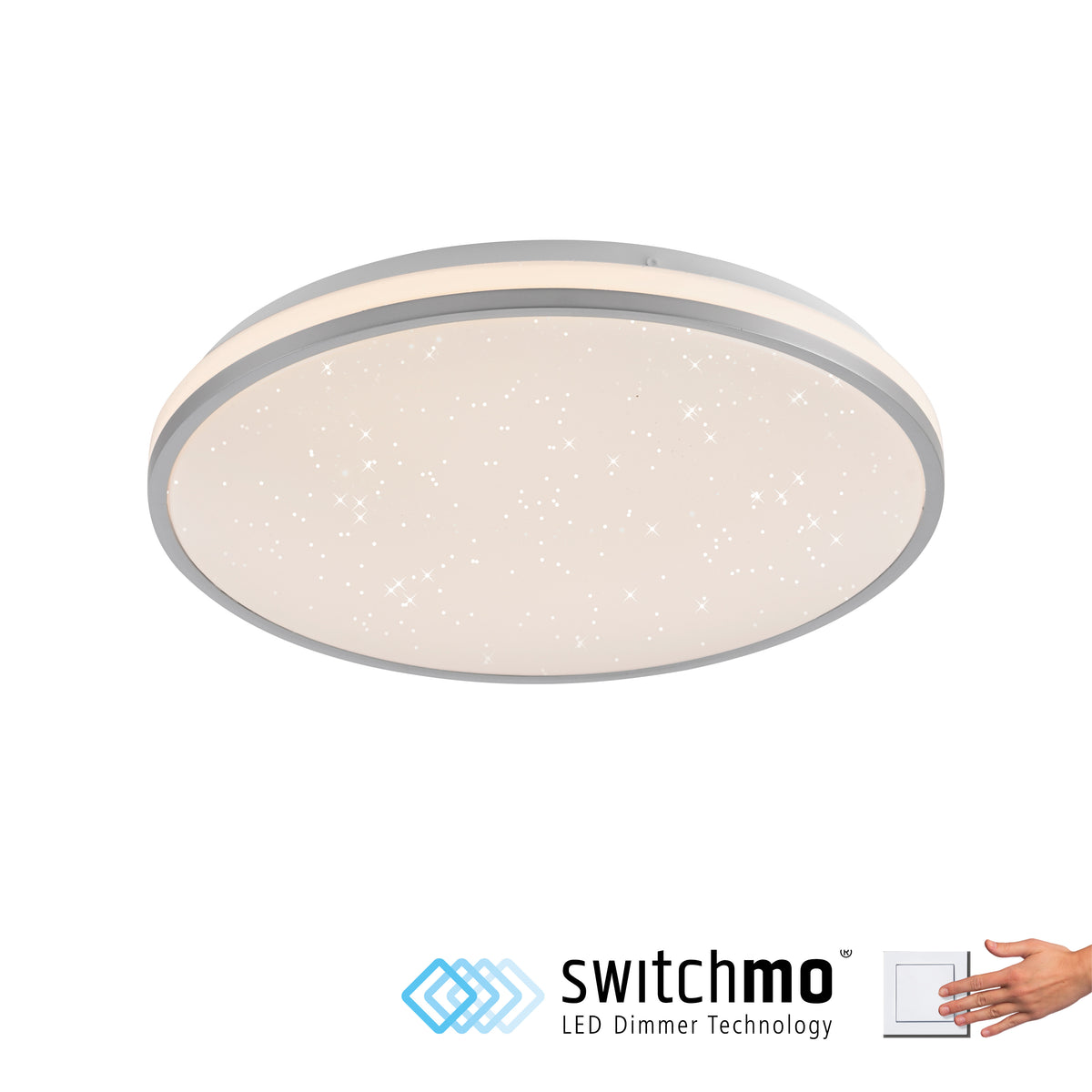 Vue de face du plafonnier avec logo Switchmo et main actionnant un interrupteur.