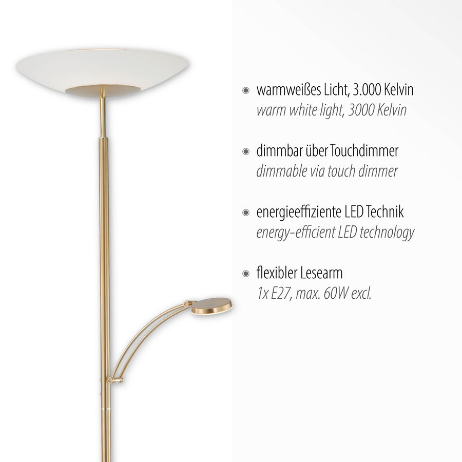 Visuel technique listant lumière blanc chaud, variateur tactile et bras de lecture flexible.