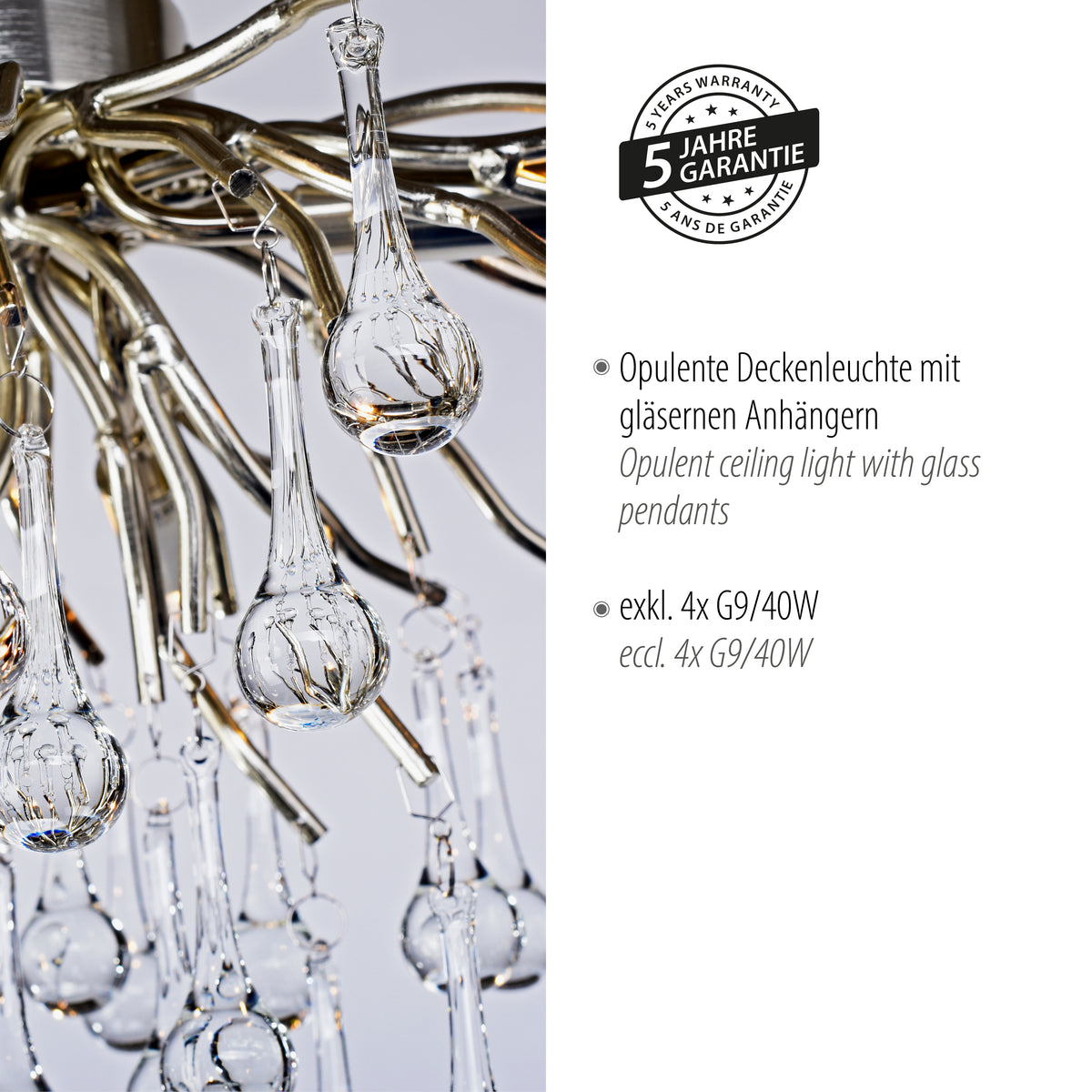 Gros plan sur les pendants en verre, logo cinq ans de garantie visible à droite.