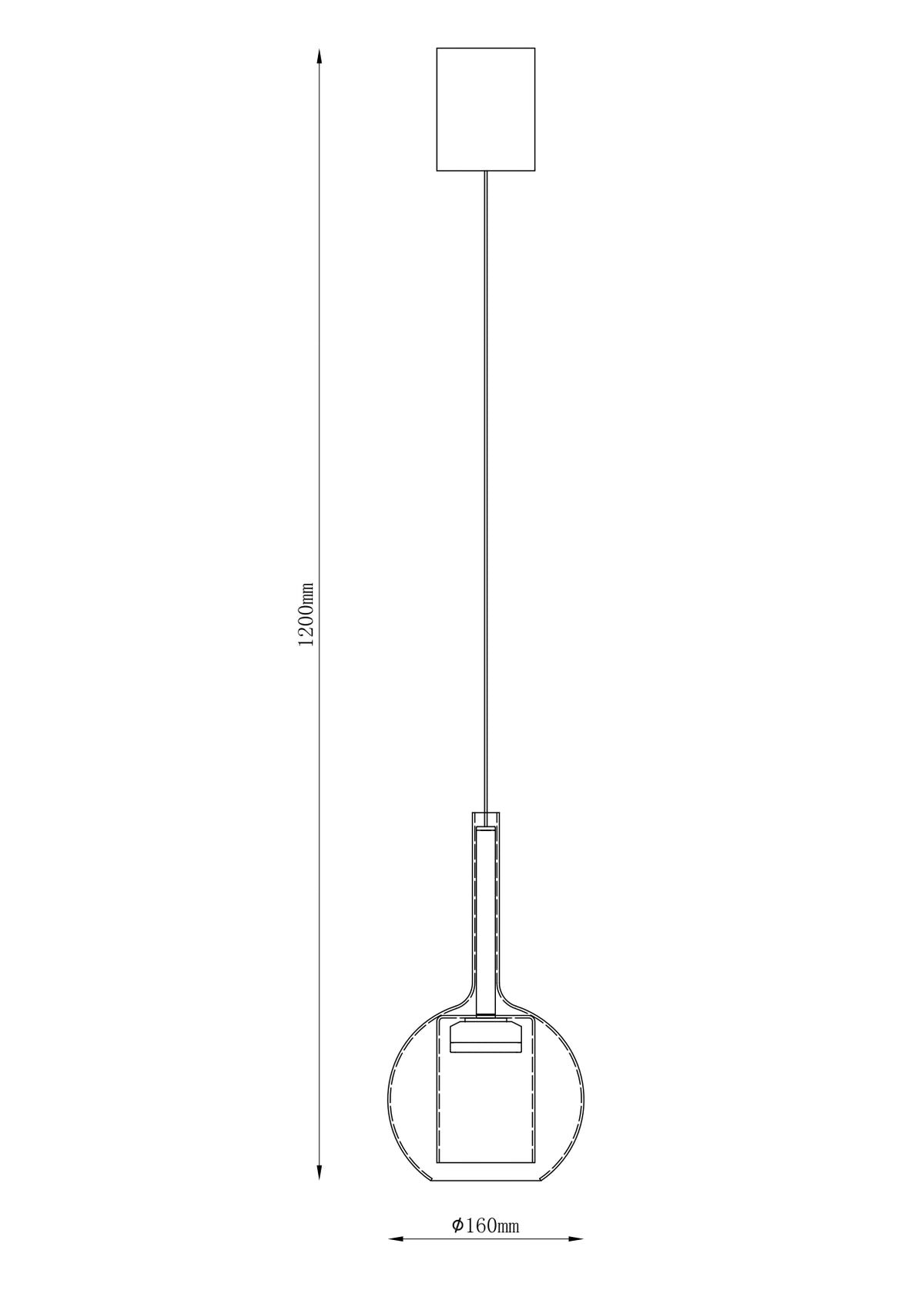 Schéma de dimensions coté : hauteur totale 1200 mm et diamètre 160 mm.