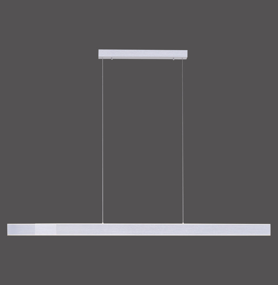 Vue de face d'une suspension linéaire aluminium avec barre rectangulaire et deux câbles.