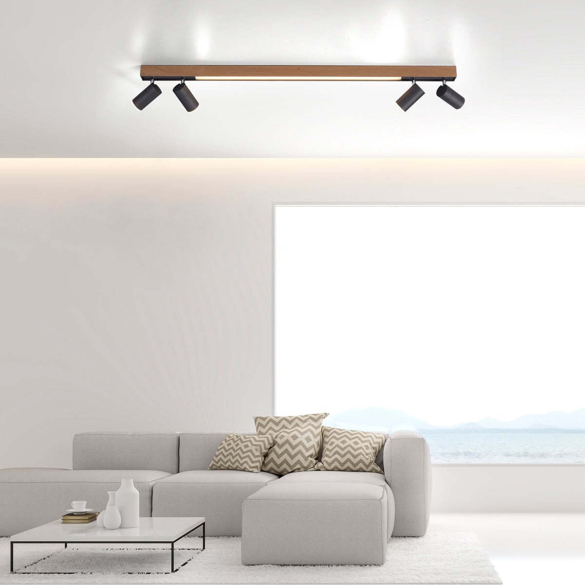 Plafonnier installé au plafond dans un salon contemporain lumineux et épuré.