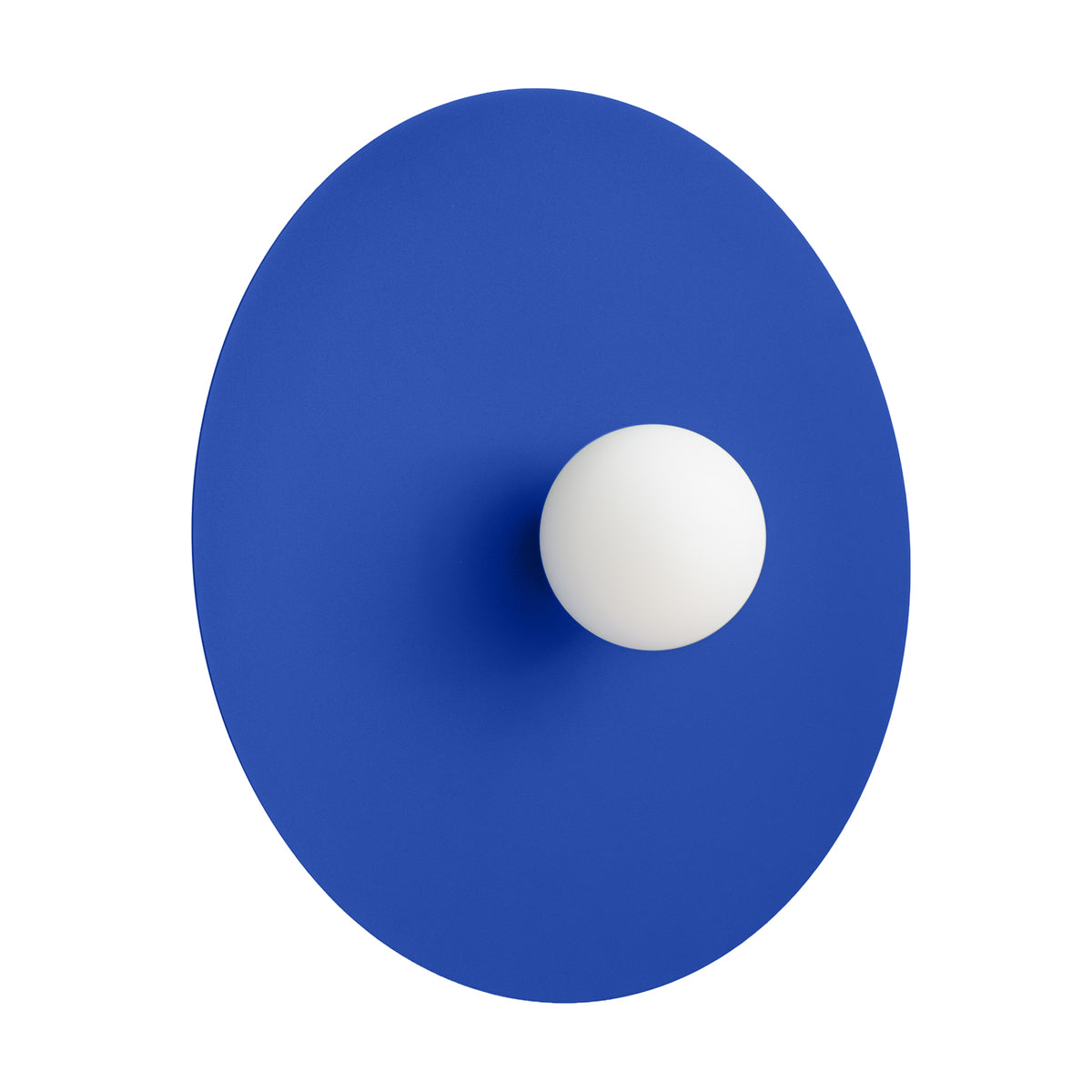 Produit de face, sphère blanche décalée en bas à droite du disque bleu
