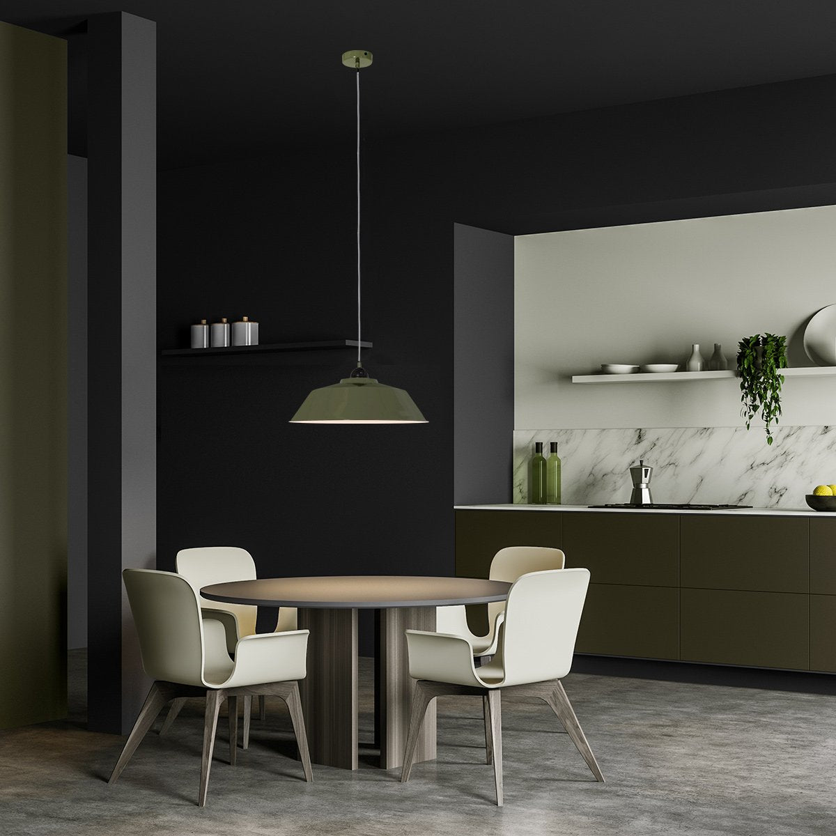 Mise en ambiance : suspension allumée au-dessus d'une table ronde dans une cuisine sombre