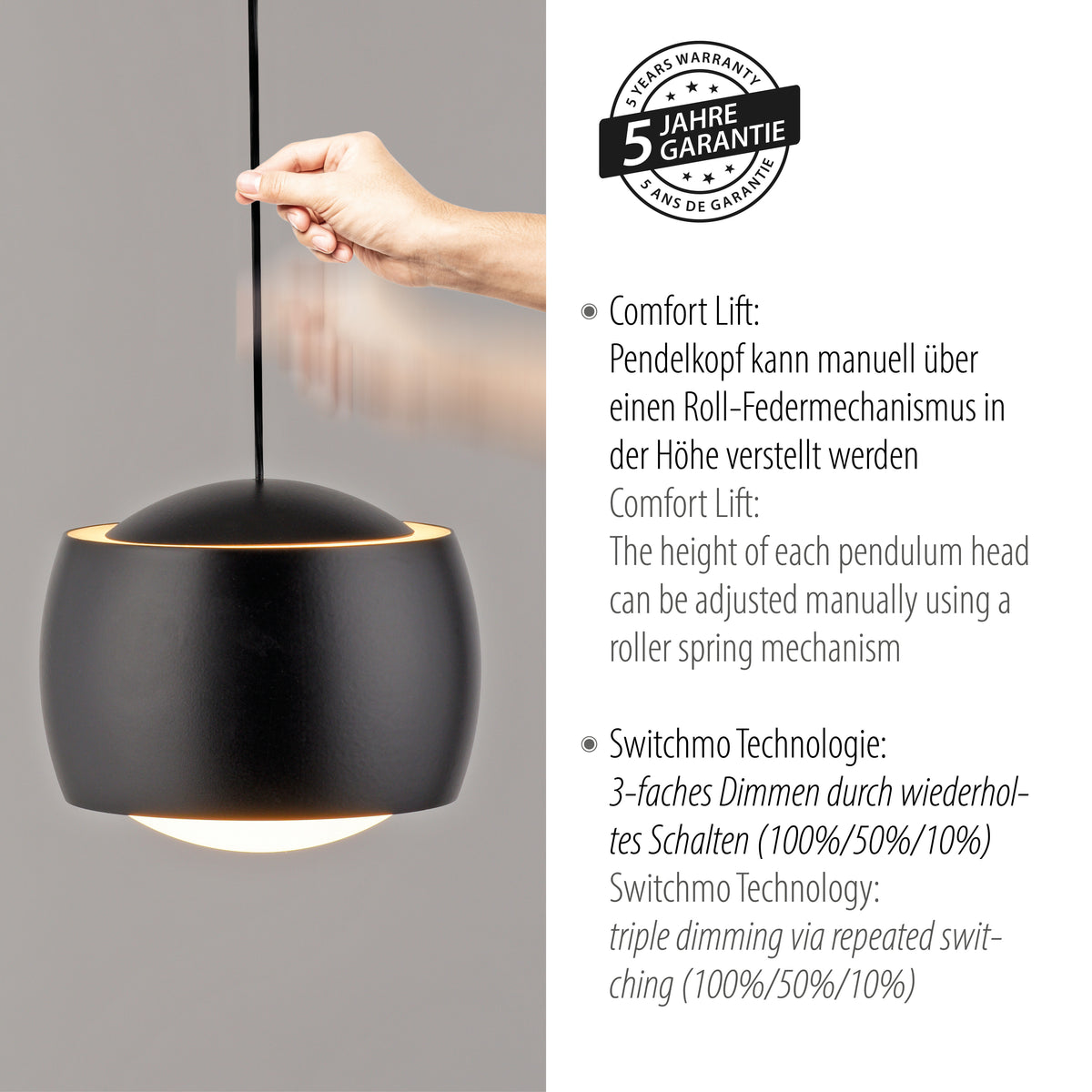 Détail : une main ajuste la hauteur du globe noir grâce au mécanisme Comfort Lift.