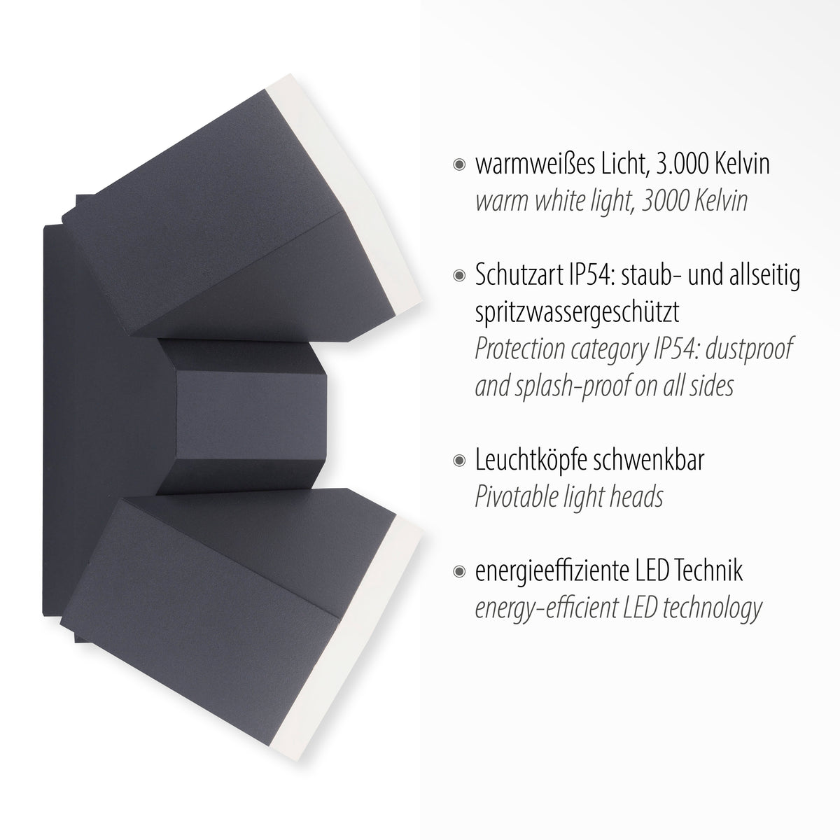Vue inclinée avec têtes orientables et textes sur l'IP54, les LED et 3000 K.