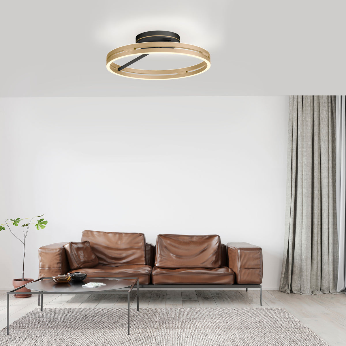Mise en ambiance du luminaire allumé au plafond d'un salon contemporain