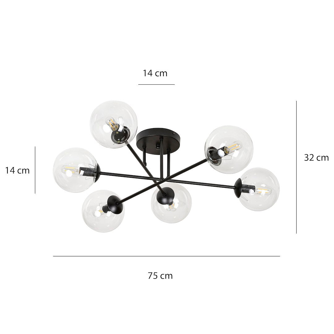 Schéma de dimensions, largeur 75 cm, hauteur 32 cm, globes 14 cm
