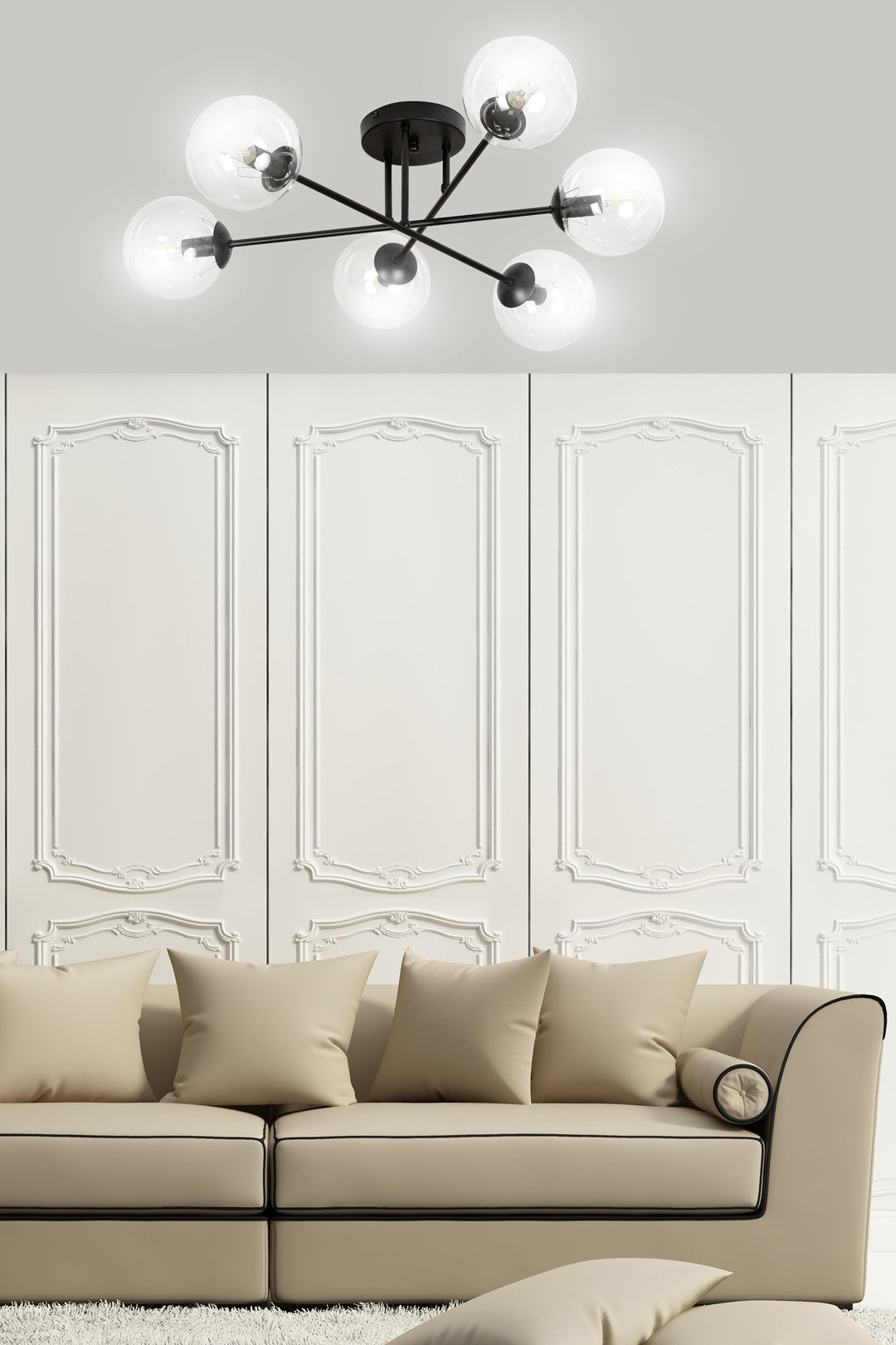 Mise en ambiance devant moulures blanches et canapé beige