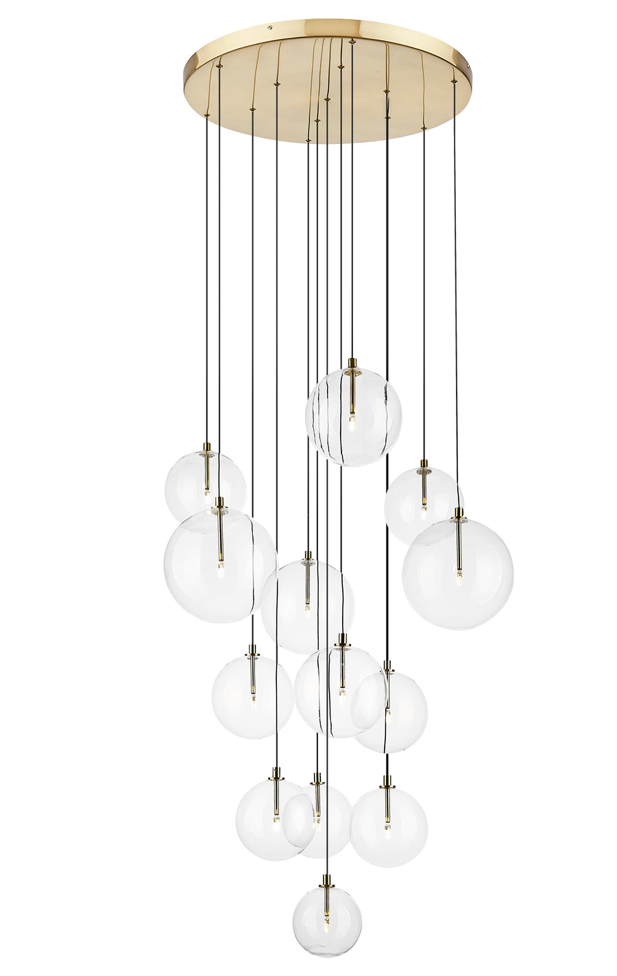 Suspension dorée à treize globes de verre transparent suspendus à des câbles fins
