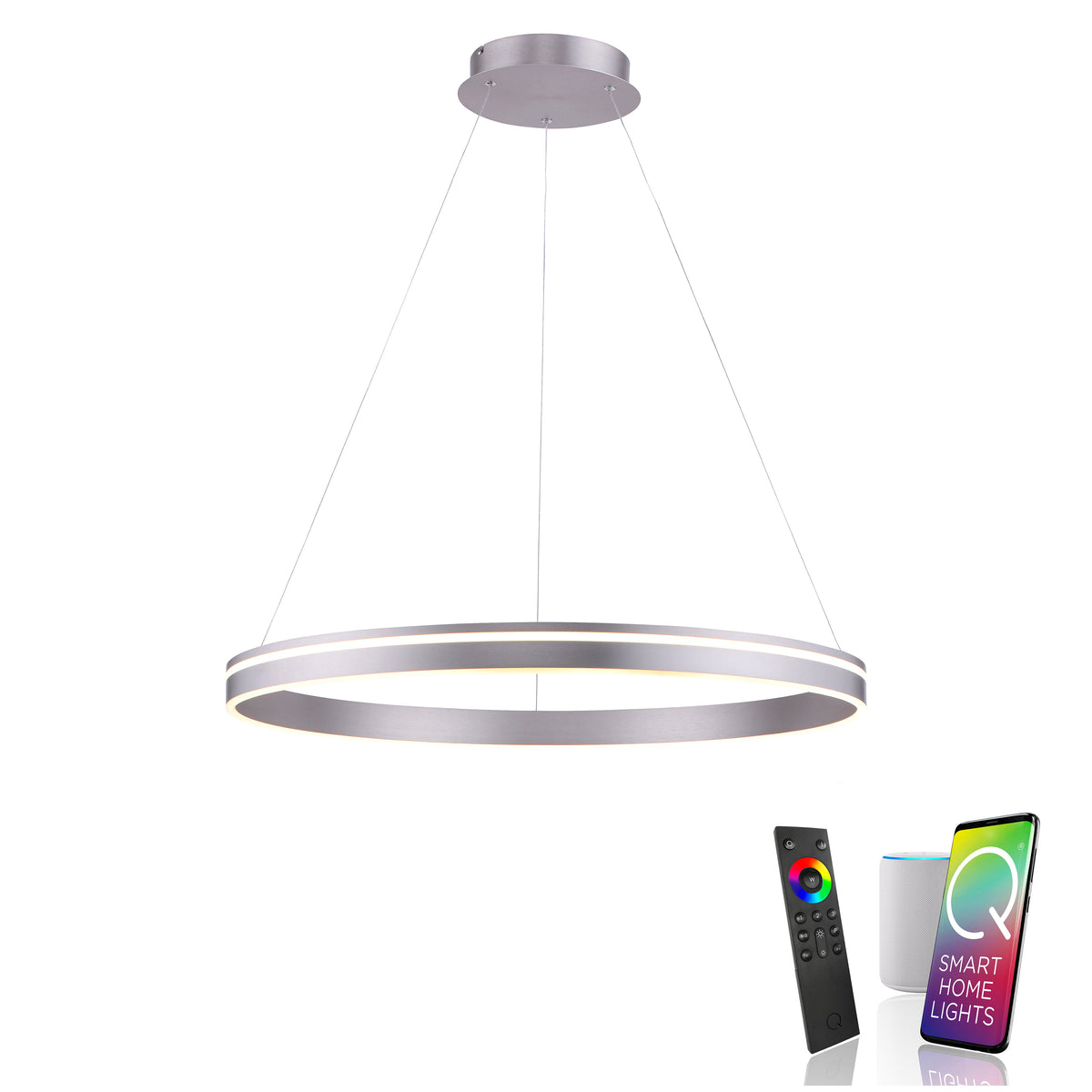 Luminaire présenté avec télécommande, enceinte connectée et application mobile
