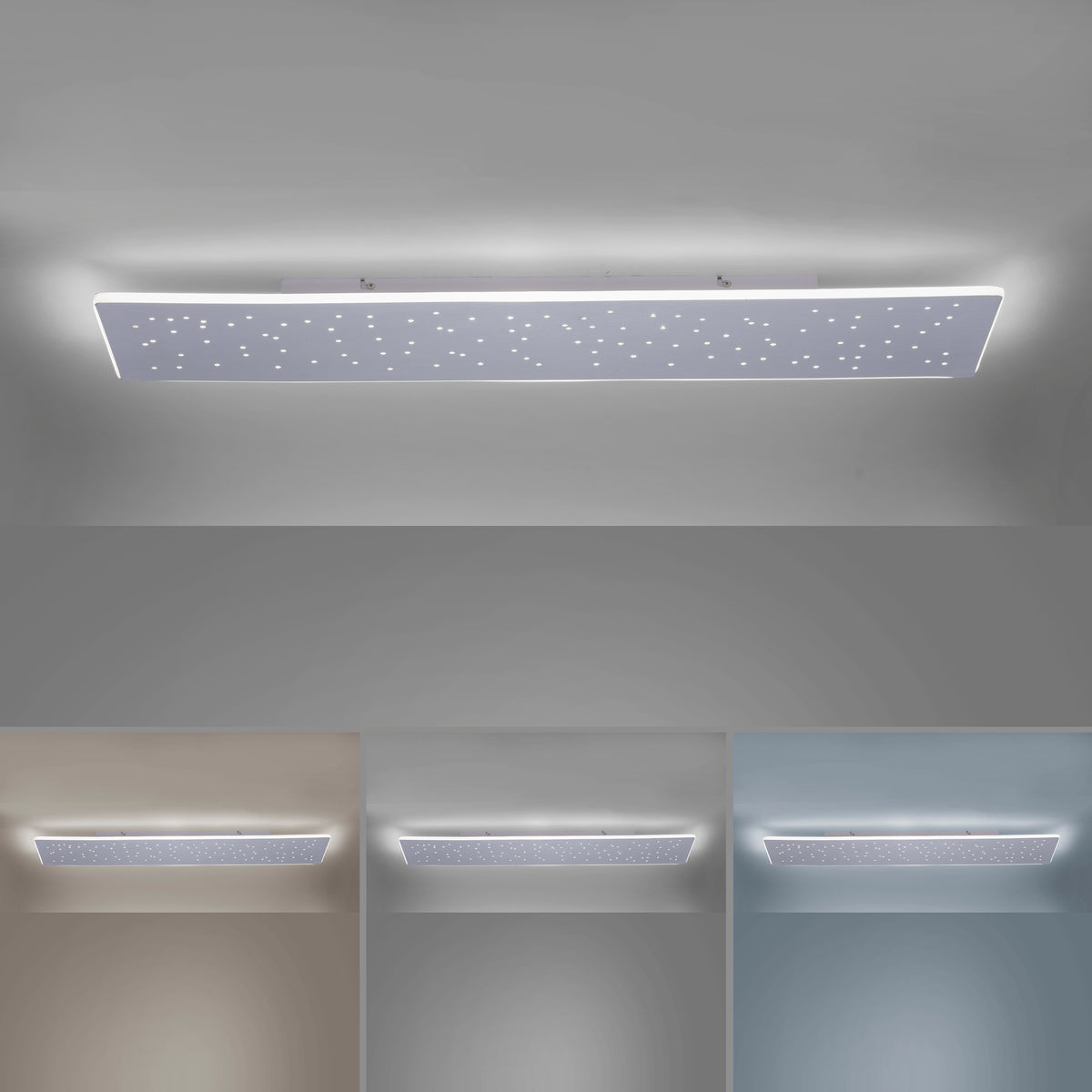 Luminaire allumé sur fond gris, accompagné de trois aperçus de températures de couleur.