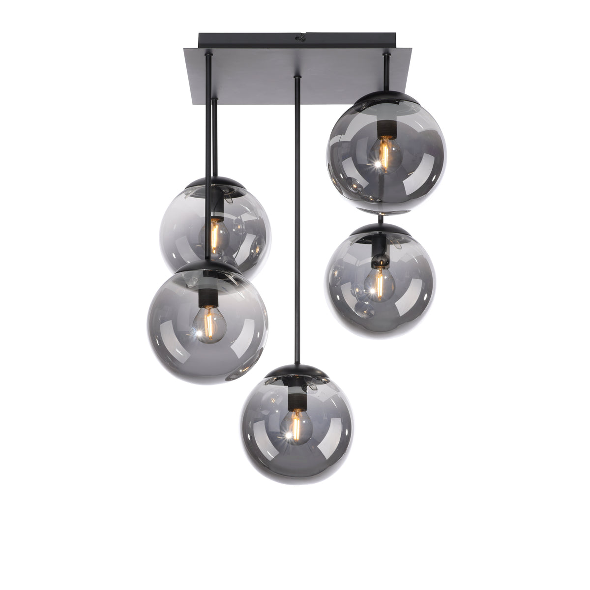 Vue de face du luminaire à cinq boules de verre transparent sur fond blanc