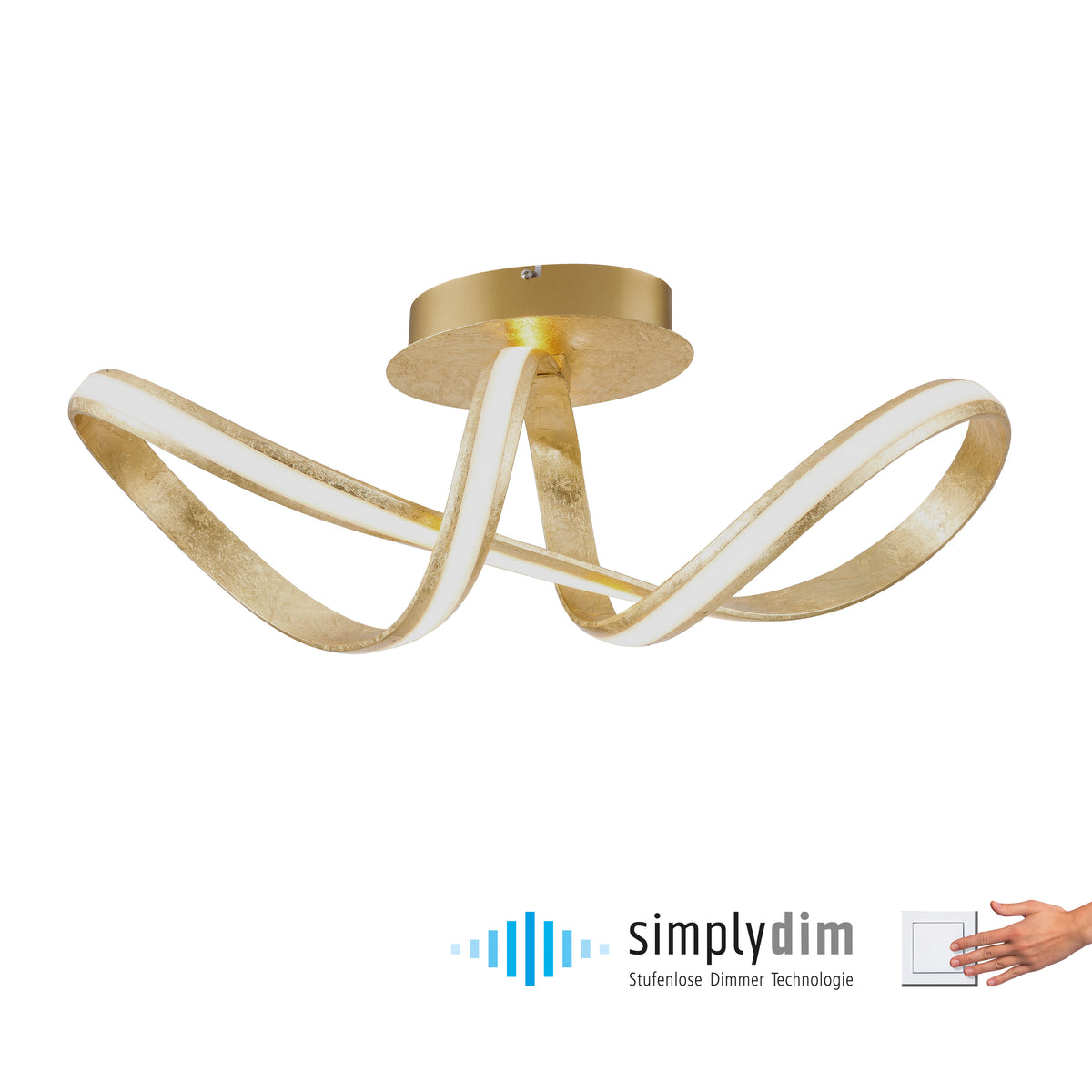 Vue de face du luminaire doré avec logo simplydim et main sur interrupteur.
