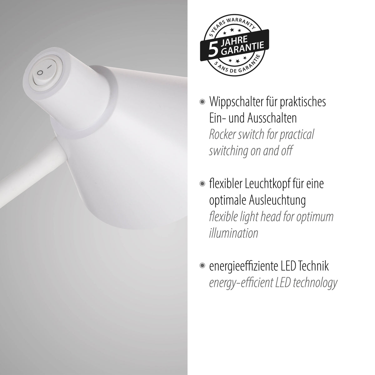 Tête de lampe blanche en gros plan avec badge de garantie cinq ans et texte descriptif.