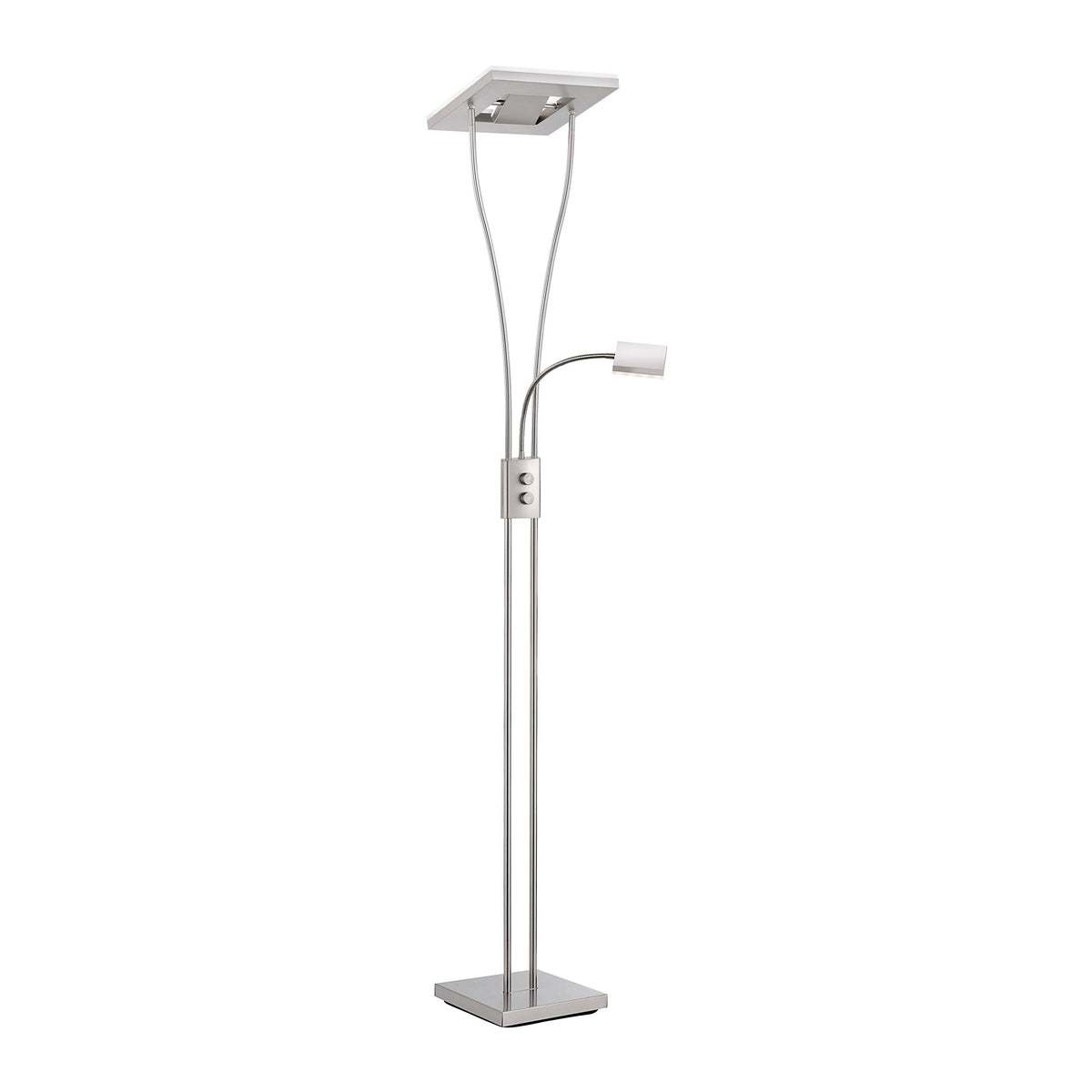 Vue de face du lampadaire chromé sur fond blanc, structure fine