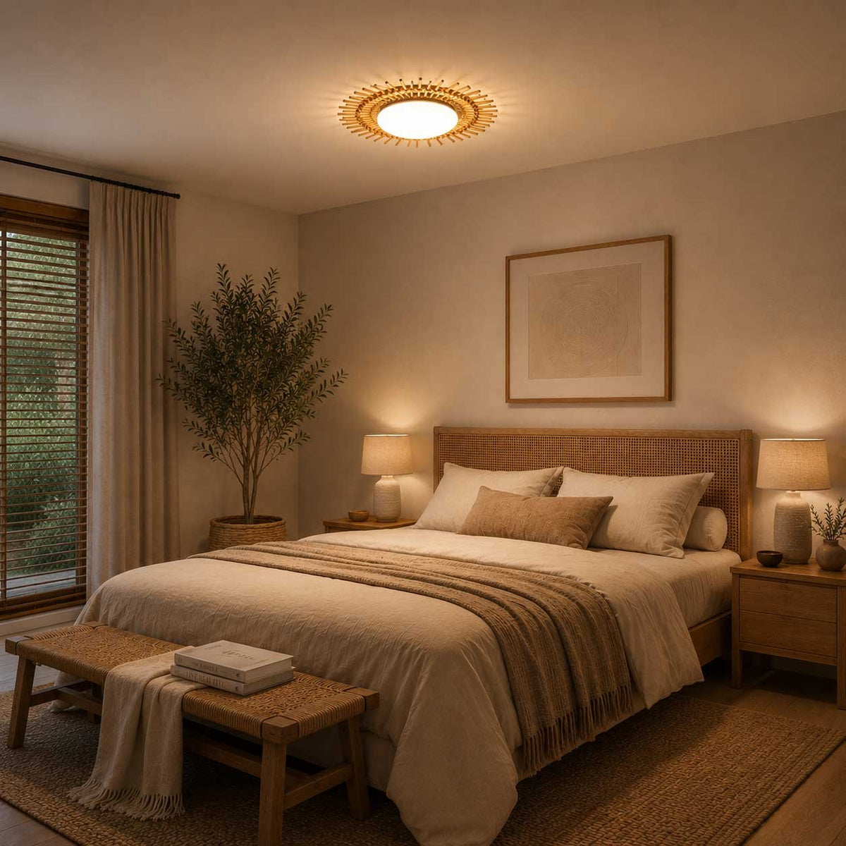 Mise en ambiance dans une chambre, plafonnier allumé au-dessus du lit en cannage