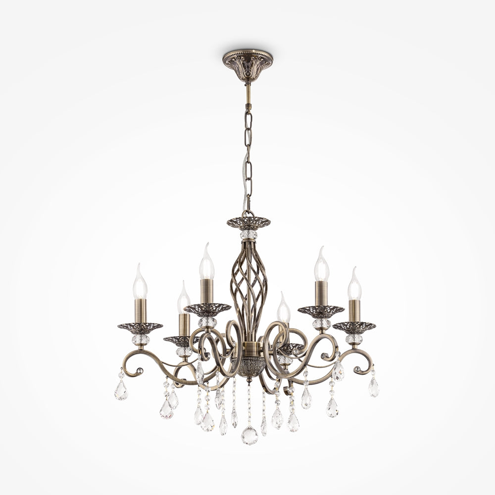 Lustre complet présenté de face sur fond blanc, détails des bras recourbés