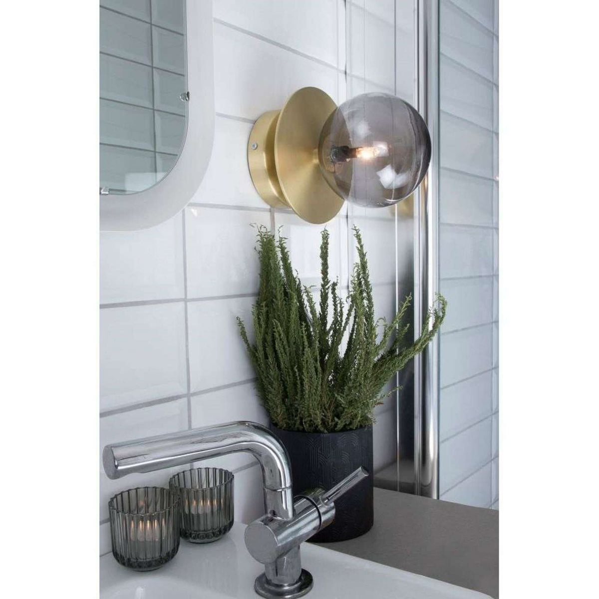 Applique murale ART Deco en verre, laiton brossé et blanc, Ø 16 cm, IP44