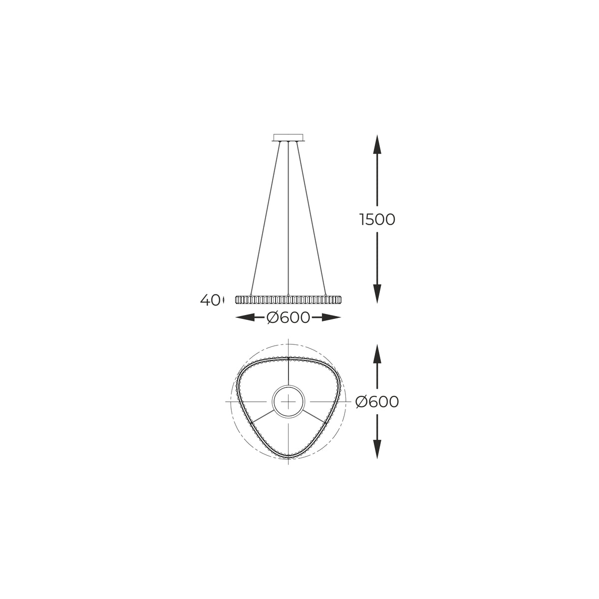 Schéma coté avec diamètre 600 mm et hauteur de suspension 1500 mm