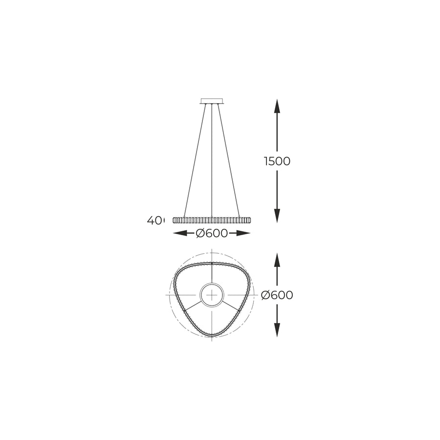 Schéma coté avec diamètre 600 mm et hauteur de suspension 1500 mm