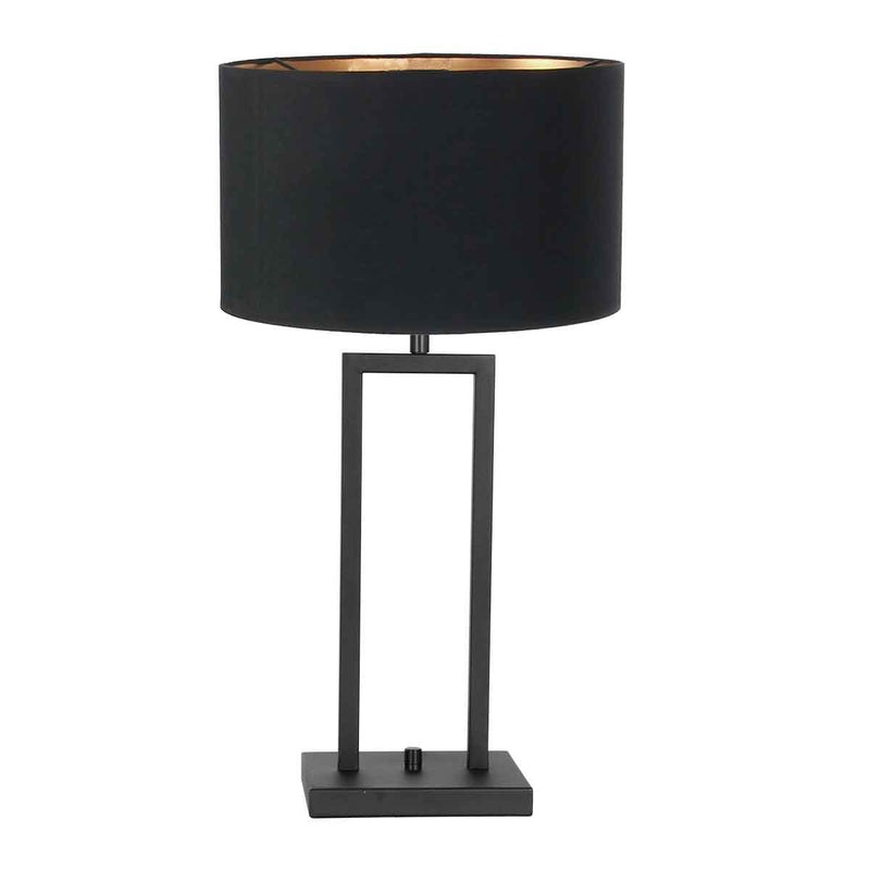 Schwarze Tischleuchte Stang 7194ZW mit Drehschalter und Lampenschirm aus schwarzem und goldenem Leinen