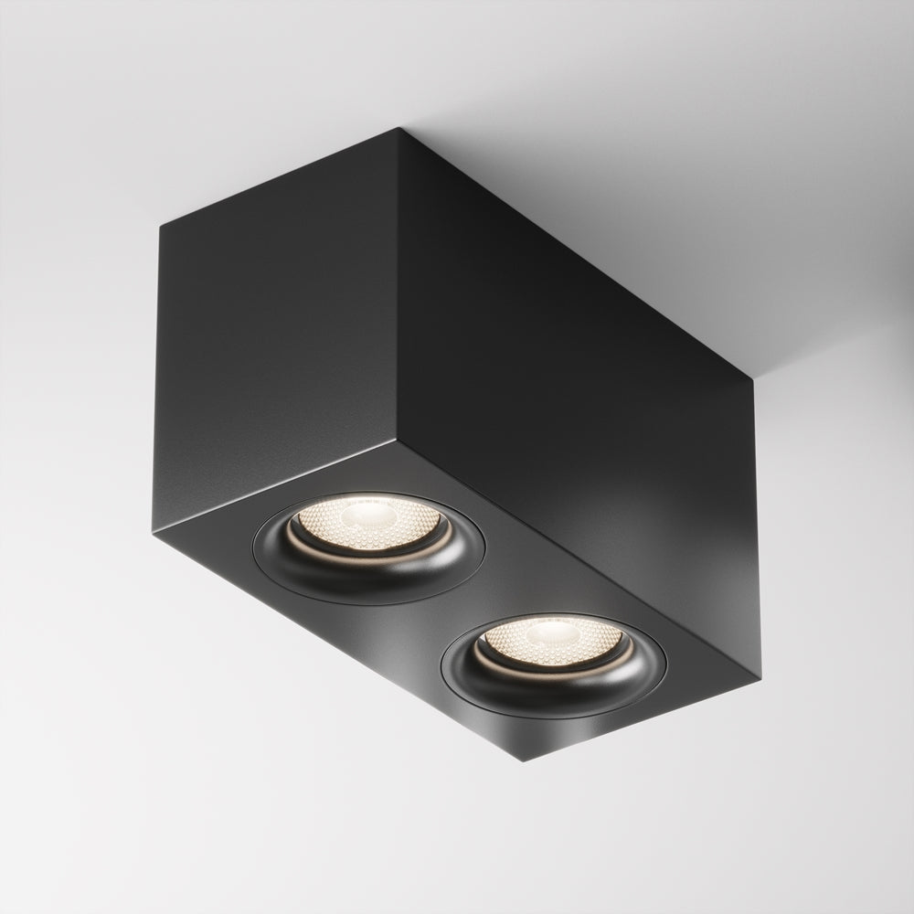 Version noire mate du plafonnier rectangulaire, deux spots orientables en perspective plongeante