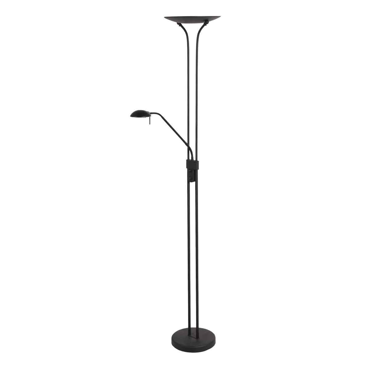 Vue de trois quarts du lampadaire noir montrant le bras de lecture incliné.