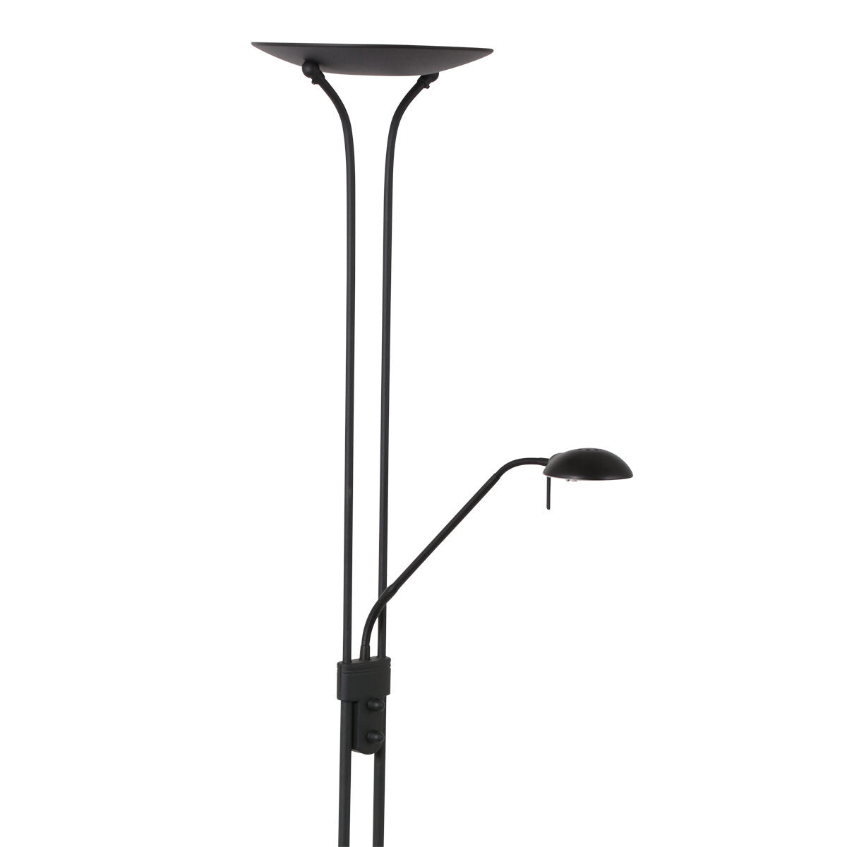 Détail du haut du lampadaire avec les deux tiges et le réflecteur.