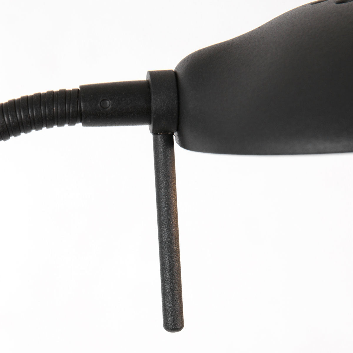 Détail de la tête : col flexible strié, axe vertical et vis de fixation