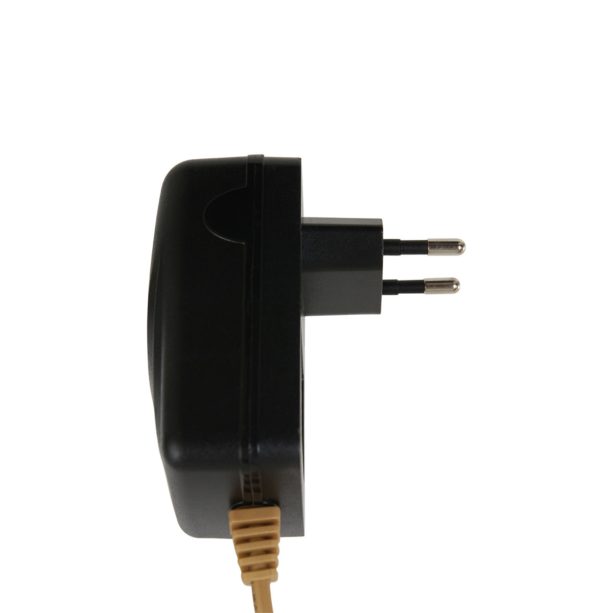 Adaptateur secteur noir avec broches métalliques et câble doré