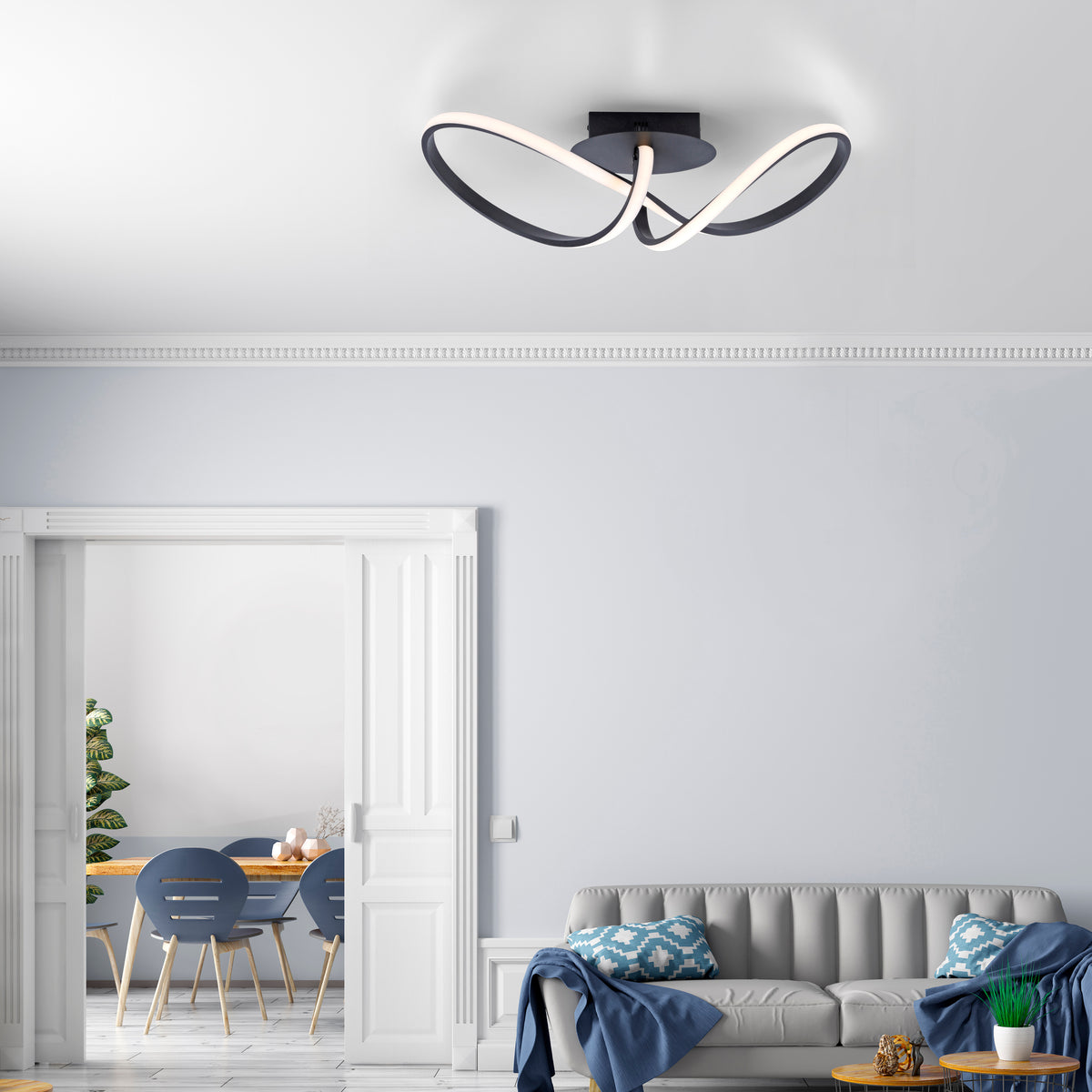 Mise en ambiance du plafonnier fixé au plafond d'un salon contemporain clair