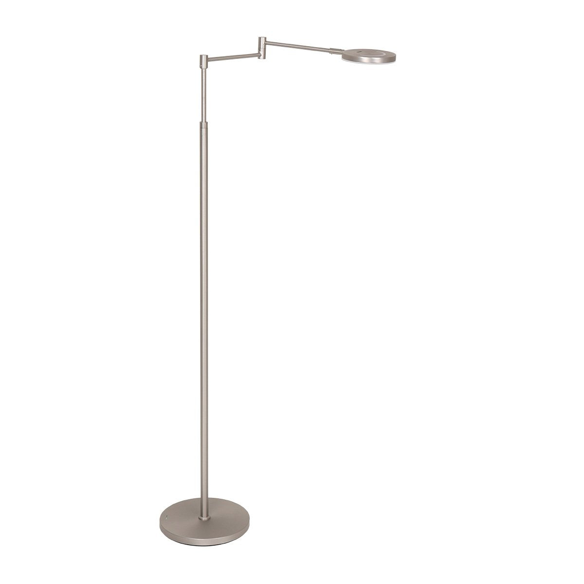 Vue de trois quarts du lampadaire au socle rond et bras articulé métallique