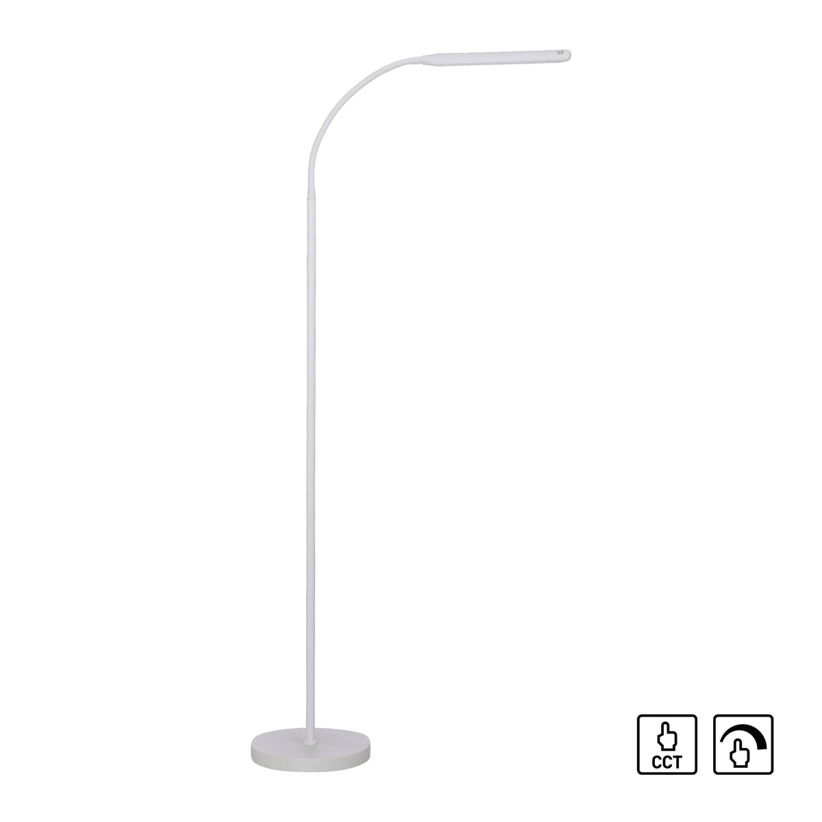 Vue de face du lampadaire blanc avec icônes CCT et variateur tactile.