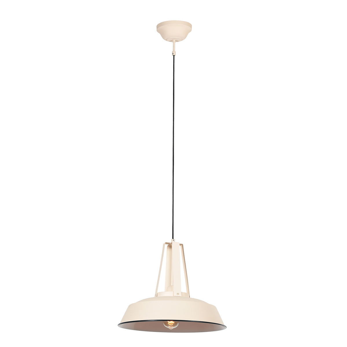 Vue d'ensemble du luminaire suspendu avec câble noir et rosace plafond
