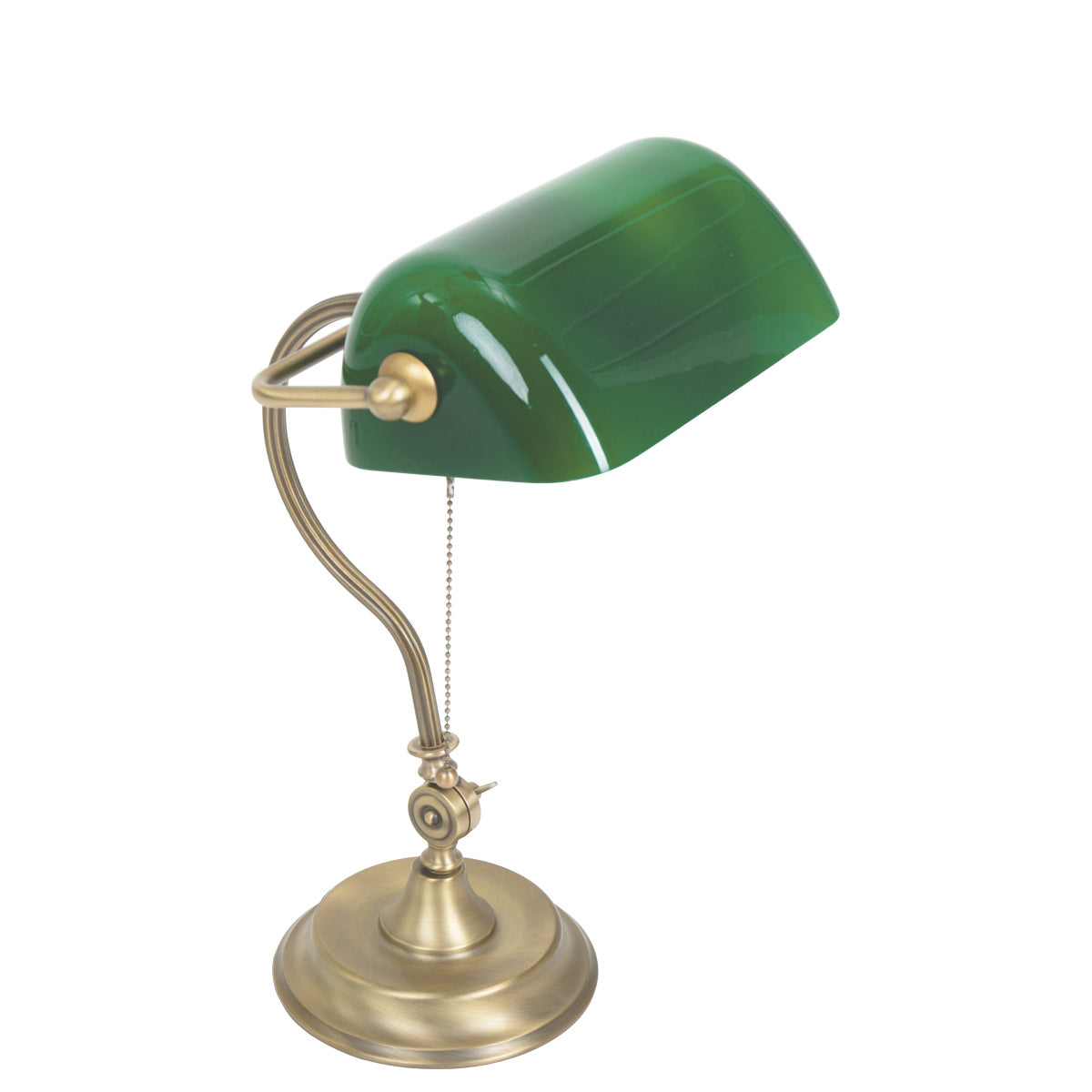 Lampe de bureau vue de trois quarts, abat-jour vert orientable et bras en laiton courbé