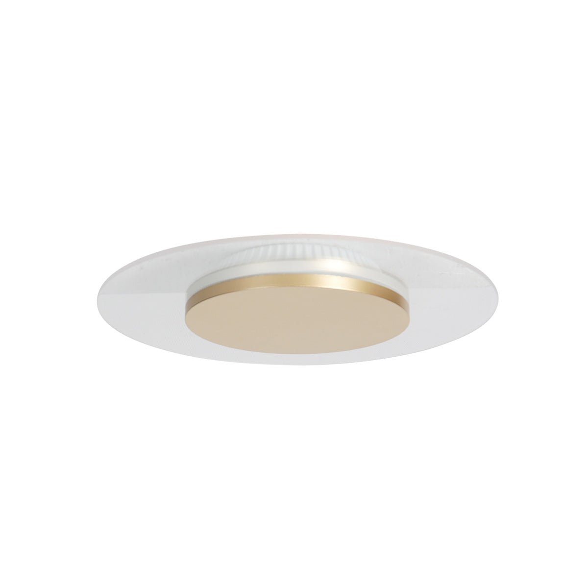 Vue en biais du luminaire montrant l'épaisseur de l'anneau doré et du verre texturé