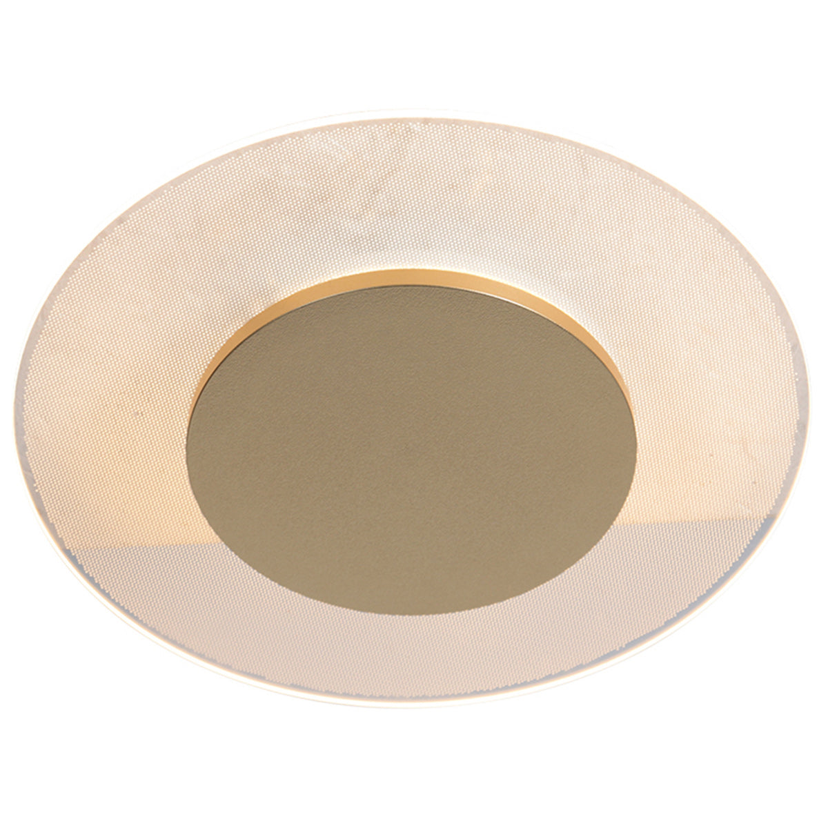 Vue de dessous montrant diffuseur perforé, cercle doré et centre opaque gris.