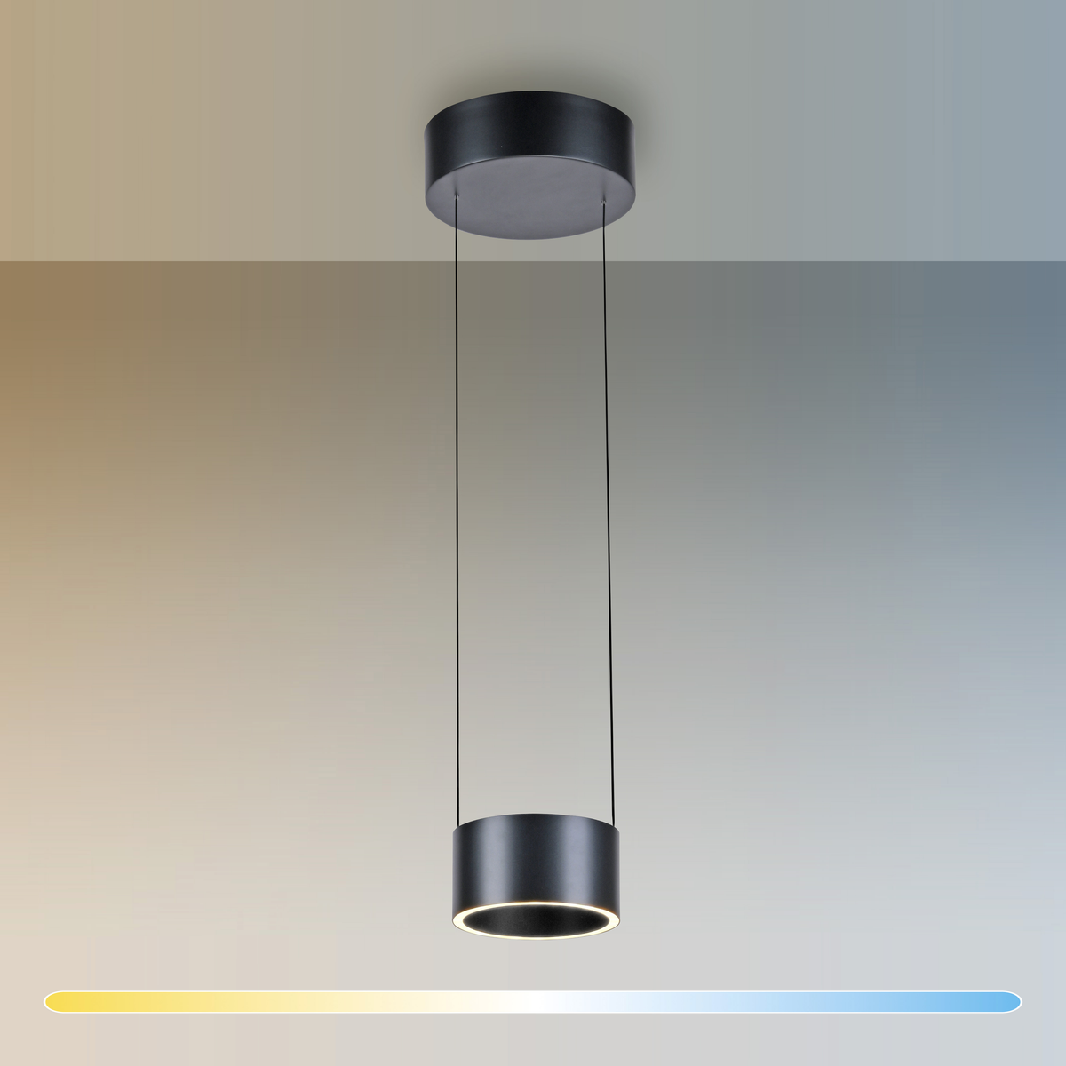 Luminaire suspendu au halo lumineux dégradé du jaune au bleu