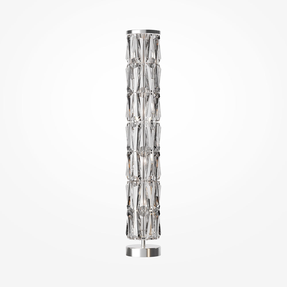 Version chromée du lampadaire colonne en cristal, vue de face sur fond blanc