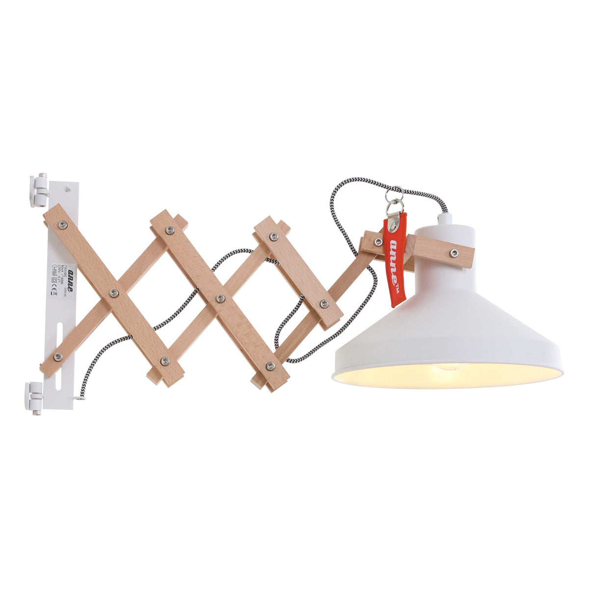 Lampe de bureau bois articulée Woody vue de côté, bras ciseaux déployé et abat-jour blanc
