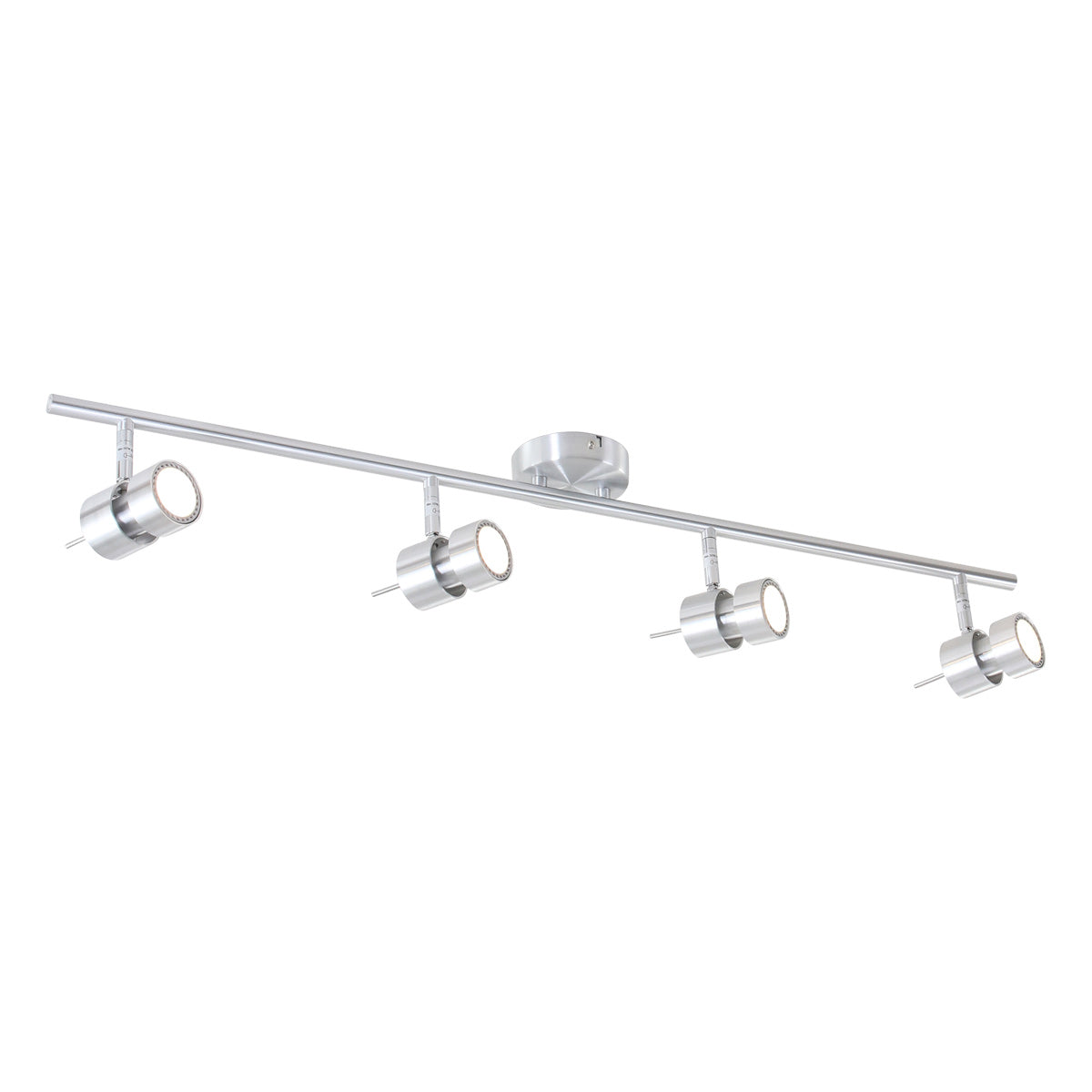 Vue de face du rail avec quatre spots orientables et leur base de plafond