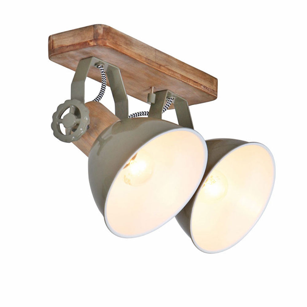 Détail du socle en bois et du câble tressé noir et blanc