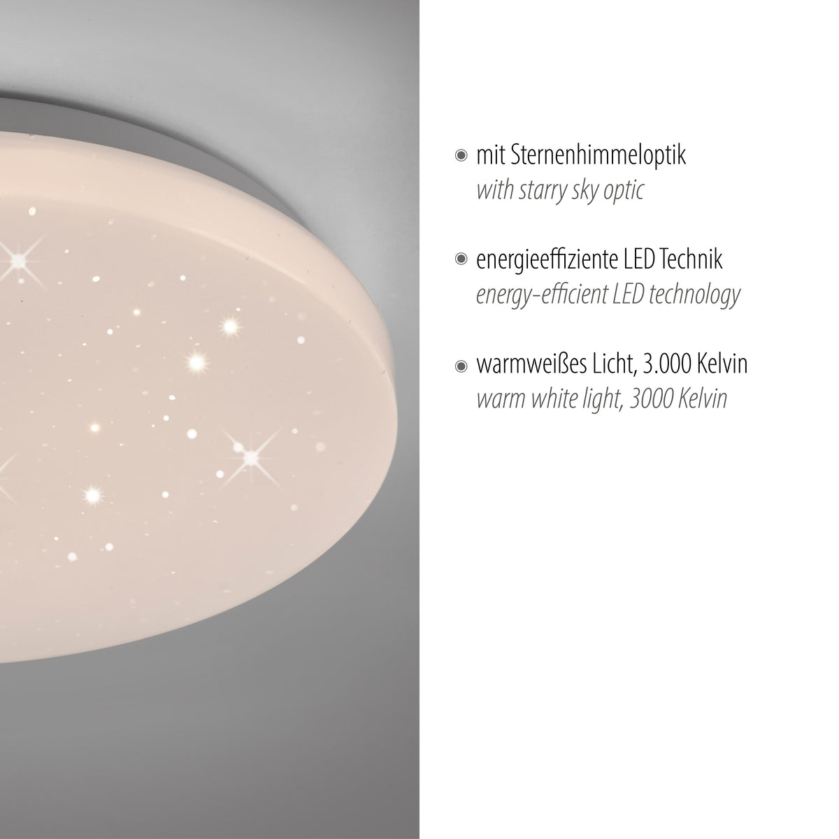 Détail du diffuseur et texte sur optique ciel étoilé et LED 3000 kelvins