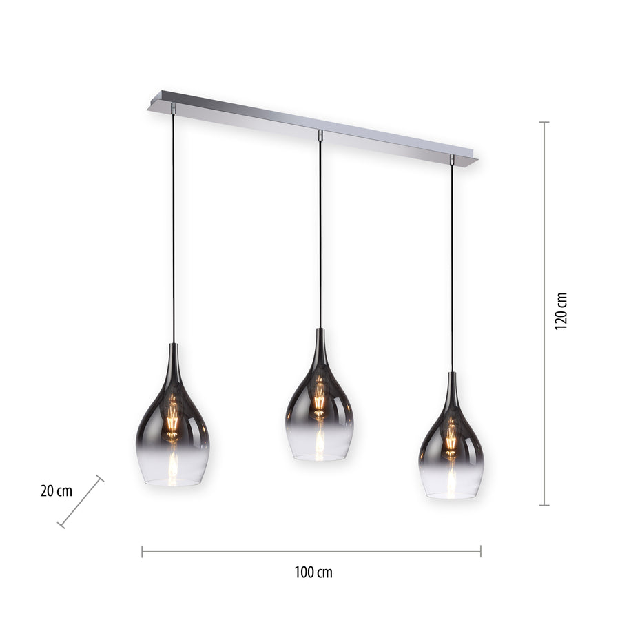Suspension Pilua 3 lumières chromée, verre, L 20 cm