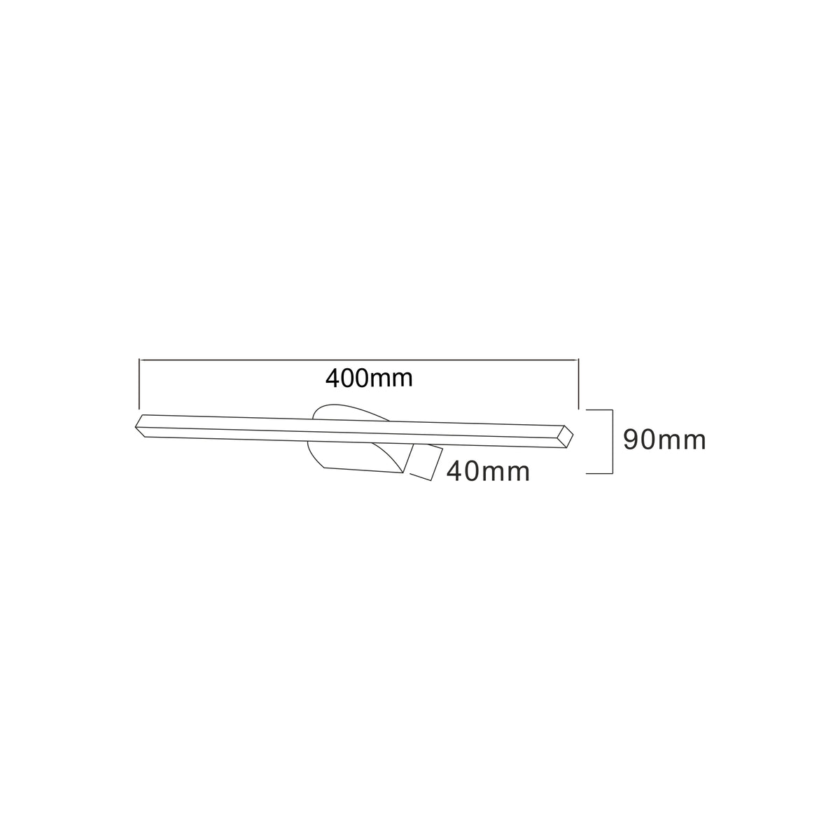 Schéma coté du luminaire indiquant une longueur de 400 mm et une profondeur de 90 mm