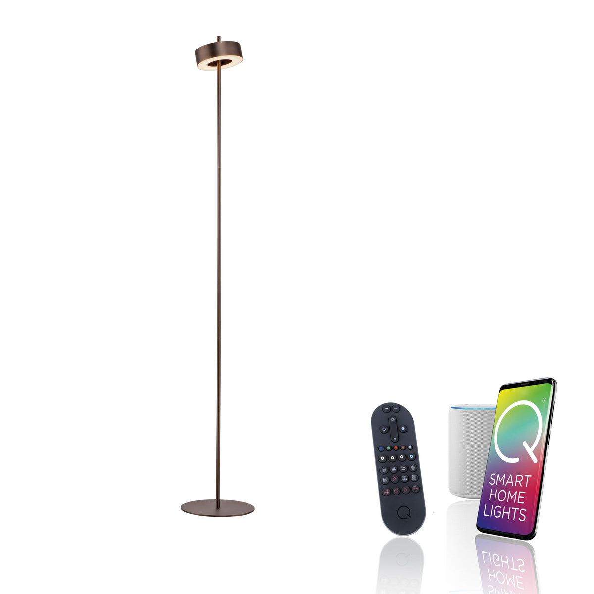 Lampadaire connecté accompagné d'une télécommande, enceinte et smartphone affichant Smart Home Lights.