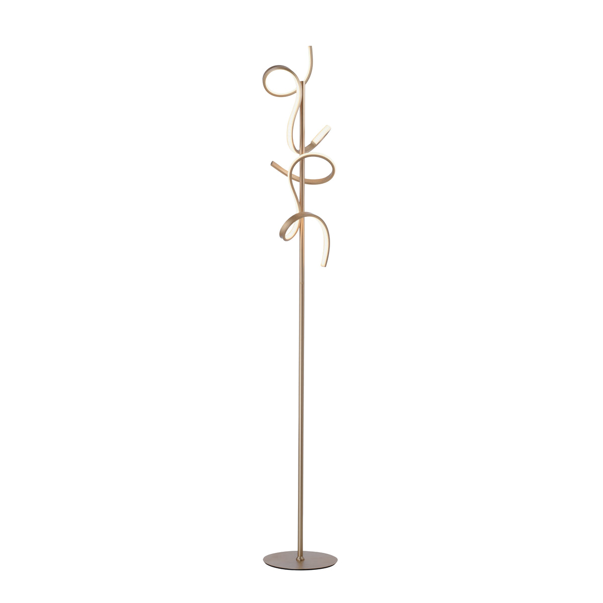 Lampadaire doré détouré sur fond blanc, silhouette complète et socle rond plat