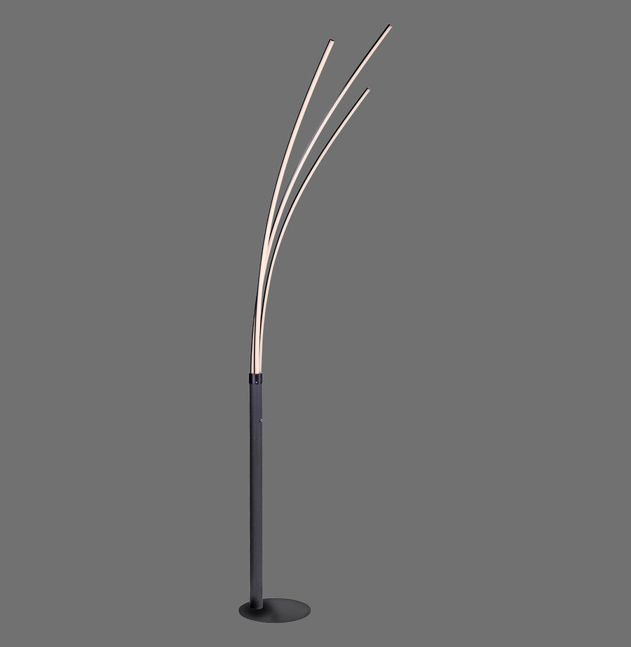 Lampadaire noir à trois tiges lumineuses courbées, vue de face sur fond gris